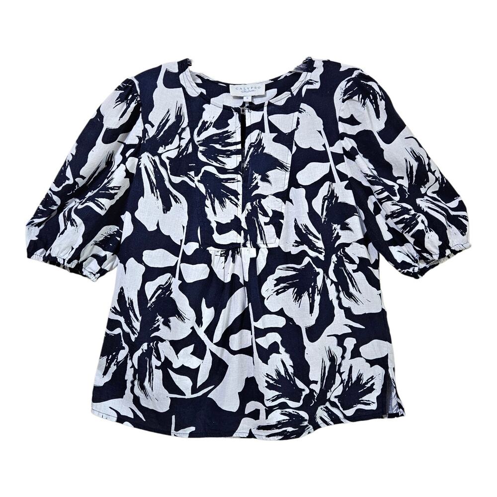 CALYPSO ST. BARTH Women S Blouse Tropical Floral Navy White Puff Slv Linen 36"